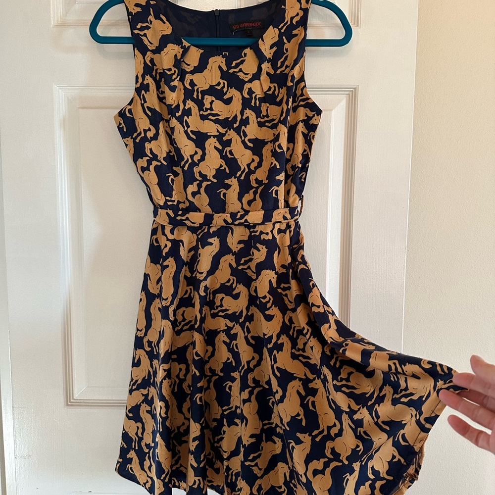Elegant Navy and Gold Horse Print Mini Dress - Picture 2 of 5